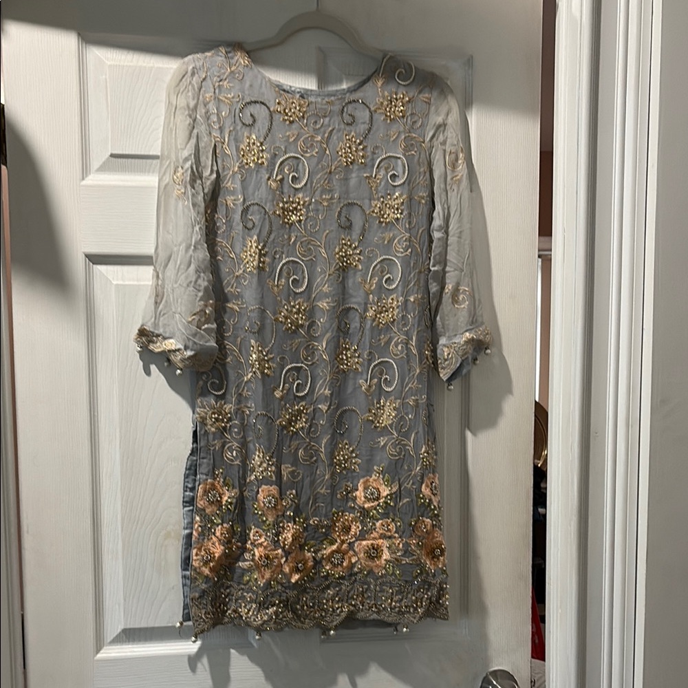 Gray Dress with Gold and Peach Embroidery